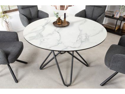 Stylový kulatý jídelní stůl Iskar 120cm bílý mramor keramika
