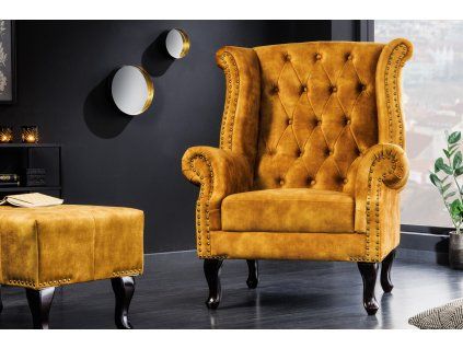 Designové křeslo Chesterfield žlutý samet