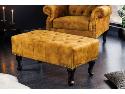 Žlutý sametový taburet Chesterfield 80 cm