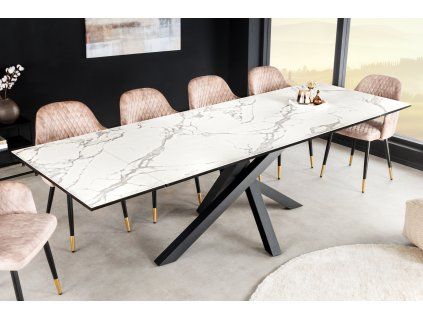 Luxusní rozkládací jídelní stůl s keramickou deskou, vzhled bílý mramor.