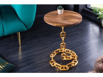 Příruční stolek Chain 55 cm zlatý kov a mango dřevo