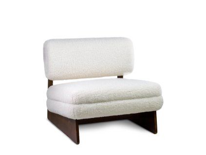 Designové křeslo s bílým bouclé čalouněním a překrásným tmavě hnědým rámem