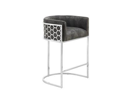 Moderní barová židle Enna Silver - šedý samet, nerezová ocel.